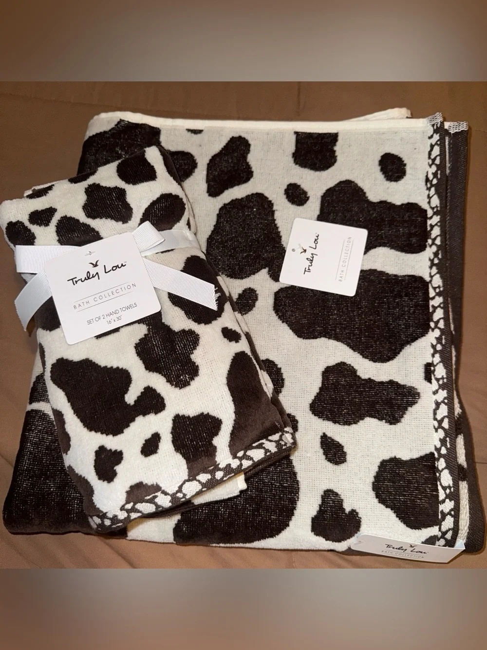 Trudy Lou Cow print hand towel set and matching Bath Towel #cowprint #western